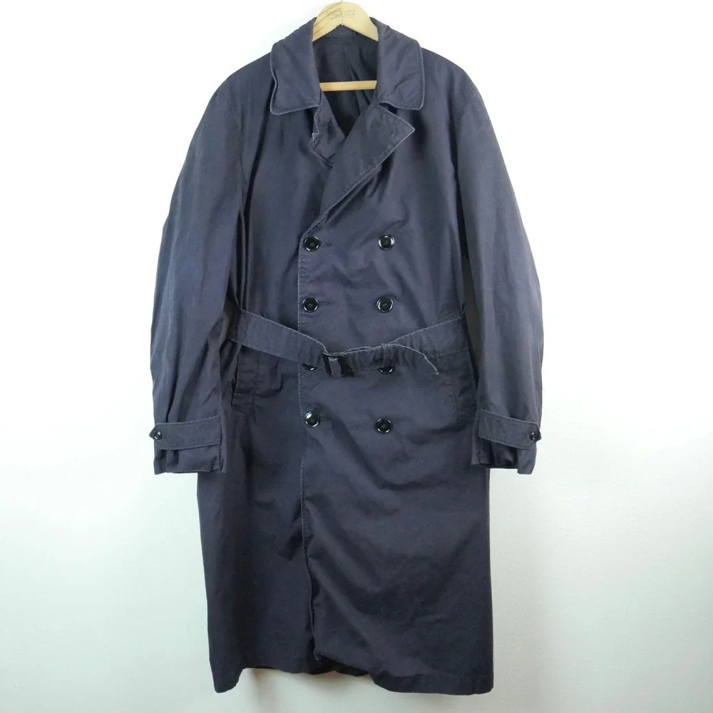 Vintage 60s U.S. NAVY Poplin Raincoat Trench Coat XL Military Blue Belted
